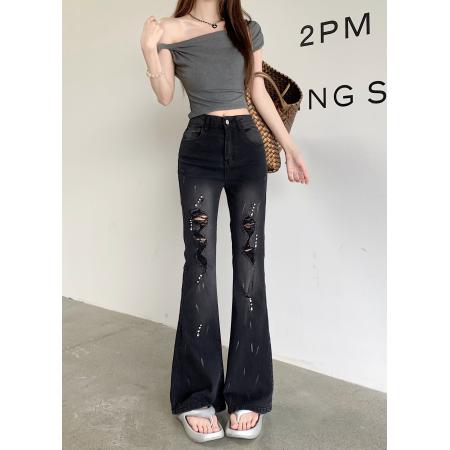 BY13828# 烫钻高腰微喇牛仔裤夏薄款新款破洞裤子修身显瘦喇叭裤  服裝批發女裝批發服飾貨源