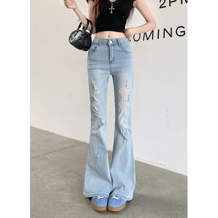 BY13828# 烫钻高腰微喇牛仔裤夏薄款新款破洞裤子修身显瘦喇叭裤  服裝批發女裝批發服飾貨源