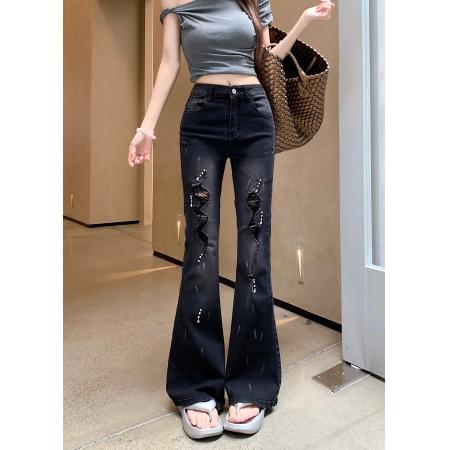 BY13828# 烫钻高腰微喇牛仔裤夏薄款新款破洞裤子修身显瘦喇叭裤  服裝批發女裝批發服飾貨源