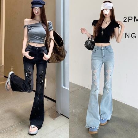 BY13828# 烫钻高腰微喇牛仔裤夏薄款新款破洞裤子修身显瘦喇叭裤  服裝批發女裝批發服飾貨源