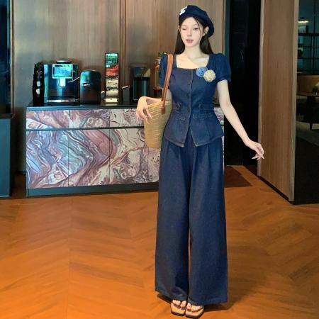 BY13829# 港岛牛仔复古方领立体花朵衬衫收腰直筒裤套装  服裝批發女裝批發服飾貨源