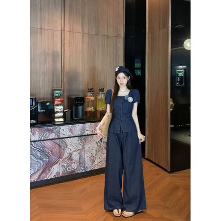 BY13829# 港岛牛仔复古方领立体花朵衬衫收腰直筒裤套装  服裝批發女裝批發服飾貨源