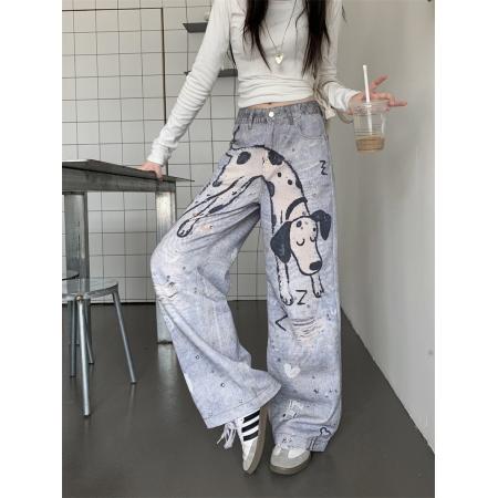 BY13830# 小众设计感手绘斑点狗牛仔裤碎钻打印直筒裤  服裝批發女裝批發服飾貨源