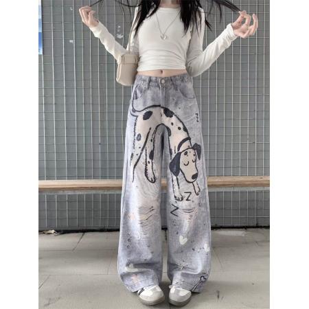 BY13830# 小众设计感手绘斑点狗牛仔裤碎钻打印直筒裤  服裝批發女裝批發服飾貨源