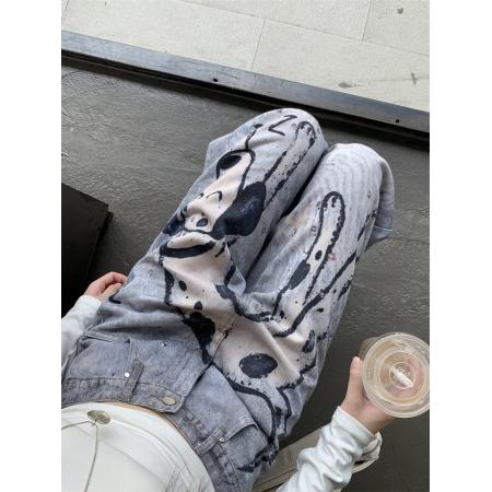 BY13830# 小众设计感手绘斑点狗牛仔裤碎钻打印直筒裤  服裝批發女裝批發服飾貨源