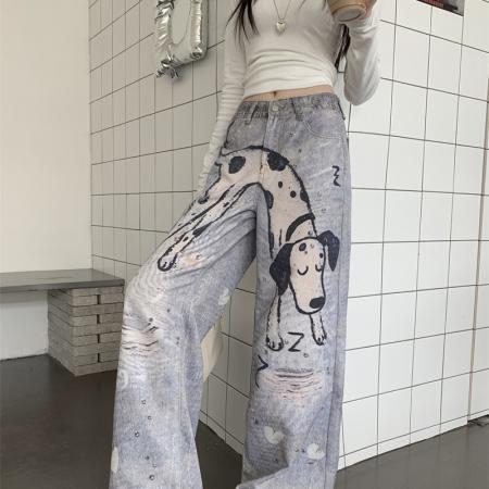 BY13830# 小众设计感手绘斑点狗牛仔裤碎钻打印直筒裤  服裝批發女裝批發服飾貨源