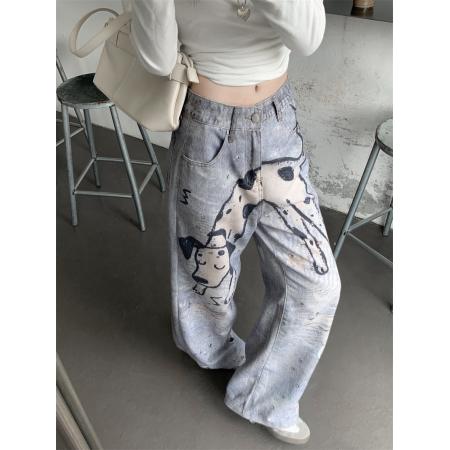 BY13830# 小众设计感手绘斑点狗牛仔裤碎钻打印直筒裤  服裝批發女裝批發服飾貨源