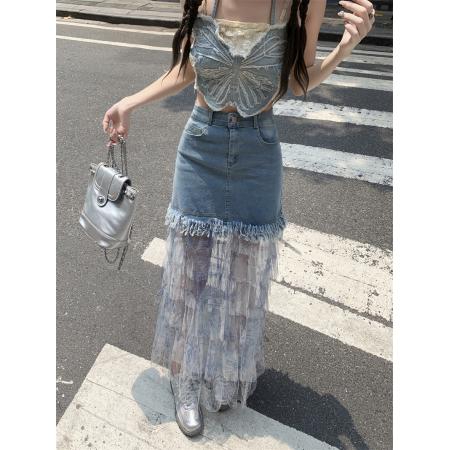 BY13831# 春夏新款拼接网纱蛋糕牛仔半身裙女高腰拼接网纱长裙子  服裝批發女裝批發服飾貨源