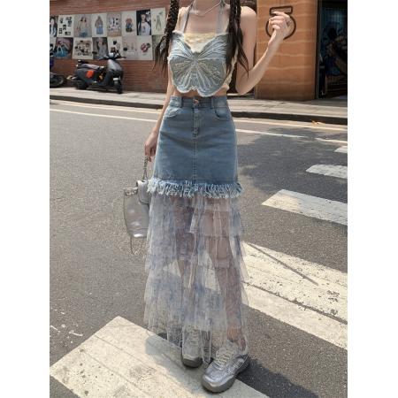 BY13831# 春夏新款拼接网纱蛋糕牛仔半身裙女高腰拼接网纱长裙子  服裝批發女裝批發服飾貨源