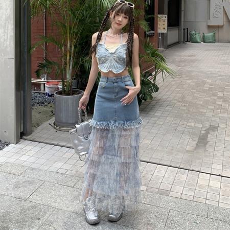 BY13831# 春夏新款拼接网纱蛋糕牛仔半身裙女高腰拼接网纱长裙子  服裝批發女裝批發服飾貨源