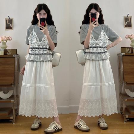 BY13833# 现新款大码女装夏装蕾丝拼接假两件上衣半身裙套装  服裝批發女裝批發服飾貨源