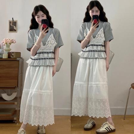 BY13833# 现新款大码女装夏装蕾丝拼接假两件上衣半身裙套装  服裝批發女裝批發服飾貨源