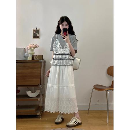 BY13833# 现新款大码女装夏装蕾丝拼接假两件上衣半身裙套装  服裝批發女裝批發服飾貨源