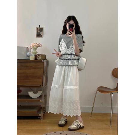 BY13833# 现新款大码女装夏装蕾丝拼接假两件上衣半身裙套装  服裝批發女裝批發服飾貨源