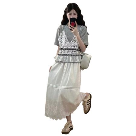 BY13833# 现新款大码女装夏装蕾丝拼接假两件上衣半身裙套装  服裝批發女裝批發服飾貨源