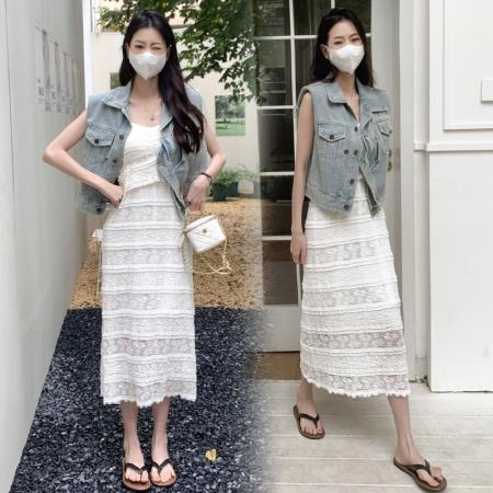 BY13834# 大码女装夏装直角肩牛仔马甲蕾丝吊带裙套装  服裝批發女裝批發服飾貨源