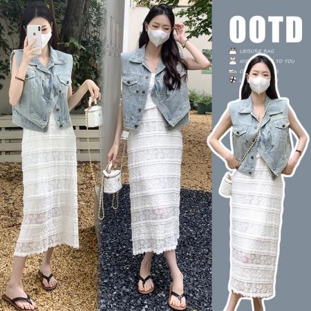 BY13834# 大码女装夏装直角肩牛仔马甲蕾丝吊带裙套装  服裝批發女裝批發服飾貨源