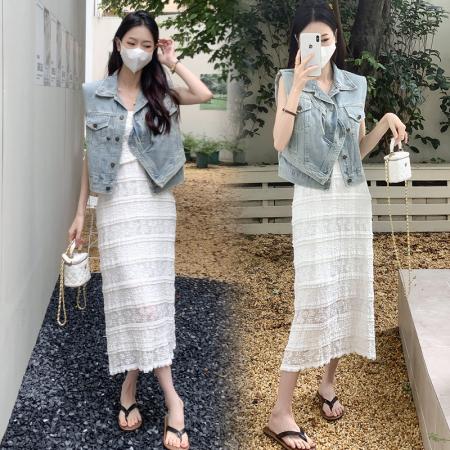 BY13834# 大码女装夏装直角肩牛仔马甲蕾丝吊带裙套装  服裝批發女裝批發服飾貨源