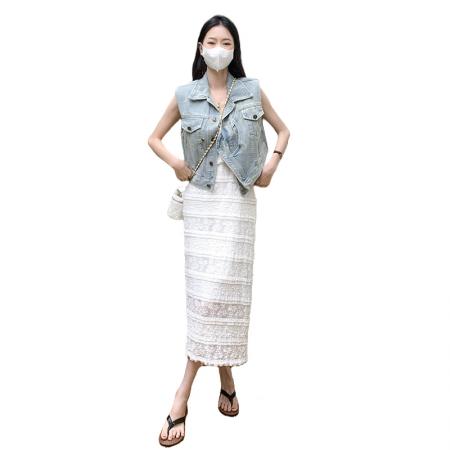 BY13834# 大码女装夏装直角肩牛仔马甲蕾丝吊带裙套装  服裝批發女裝批發服飾貨源