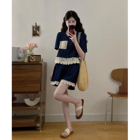 BY13835# 现新款大码女装夏装拼接花边牛仔短袖上衣短裤套装  服裝批發女裝批發服飾貨源