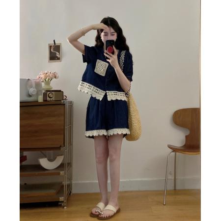 BY13835# 现新款大码女装夏装拼接花边牛仔短袖上衣短裤套装  服裝批發女裝批發服飾貨源