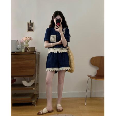 BY13835# 现新款大码女装夏装拼接花边牛仔短袖上衣短裤套装  服裝批發女裝批發服飾貨源
