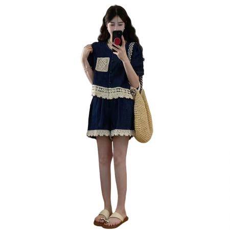 BY13835# 现新款大码女装夏装拼接花边牛仔短袖上衣短裤套装  服裝批發女裝批發服飾貨源