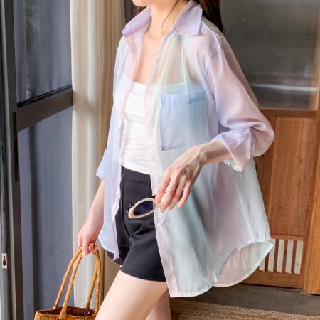 BY13836# 韩版夏季新款女装翻领薄款防晒服基础款雪纺衫开衫衬衫衬衣  服裝批發女裝批發服飾貨源