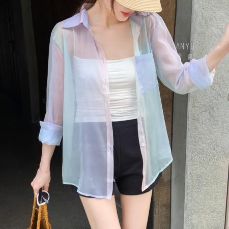 BY13836# 韩版夏季新款女装翻领薄款防晒服基础款雪纺衫开衫衬衫衬衣  服裝批發女裝批發服飾貨源