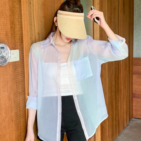 BY13836# 韩版夏季新款女装翻领薄款防晒服基础款雪纺衫开衫衬衫衬衣  服裝批發女裝批發服飾貨源