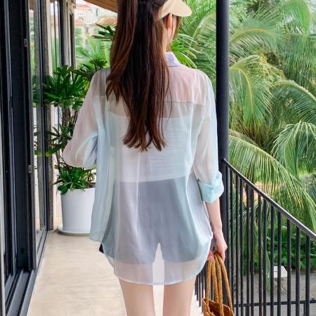 BY13836# 韩版夏季新款女装翻领薄款防晒服基础款雪纺衫开衫衬衫衬衣  服裝批發女裝批發服飾貨源