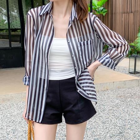 BY13838# 韩版夏季新款女装翻领薄款防晒服基础款雪纺衫开衫衬衫衬衣  服裝批發女裝批發服飾貨源