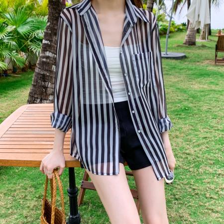 BY13838# 韩版夏季新款女装翻领薄款防晒服基础款雪纺衫开衫衬衫衬衣  服裝批發女裝批發服飾貨源