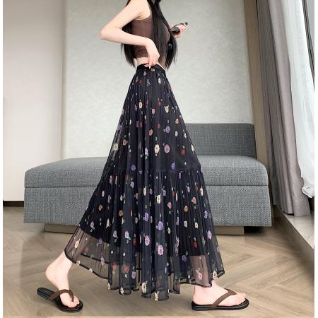 BY13841# 大码胖MM夏季新款简约小清新碎花中长款百褶拼接显瘦半身裙  服裝批發女裝批發服飾貨源