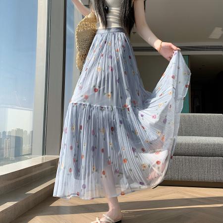 BY13841# 大码胖MM夏季新款简约小清新碎花中长款百褶拼接显瘦半身裙  服裝批發女裝批發服飾貨源