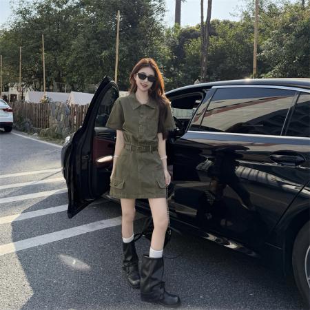 BY13842# 工装牛仔连衣裙收腰短袖美式复古短款辣妹小裙子  服裝批發女裝批發服飾貨源