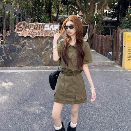 BY13842# 工装牛仔连衣裙收腰短袖美式复古短款辣妹小裙子  服裝批發女裝批發服飾貨源