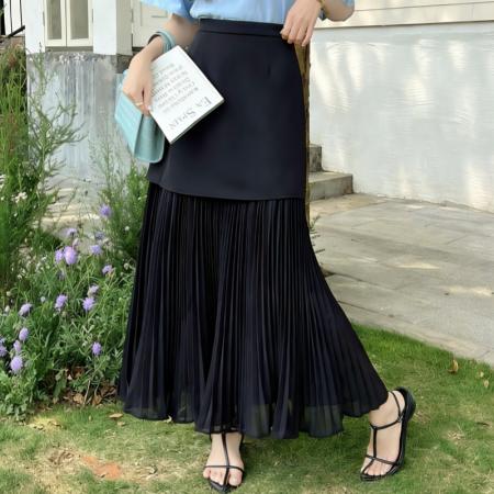 BY13843# 雪纺拼接西装半身裙女春夏高腰显瘦垂感压褶小个子A字长裙  服裝批發女裝批發服飾貨源