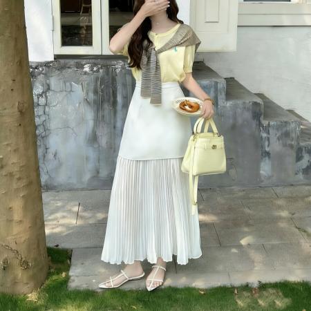 BY13843# 雪纺拼接西装半身裙女春夏高腰显瘦垂感压褶小个子A字长裙  服裝批發女裝批發服飾貨源