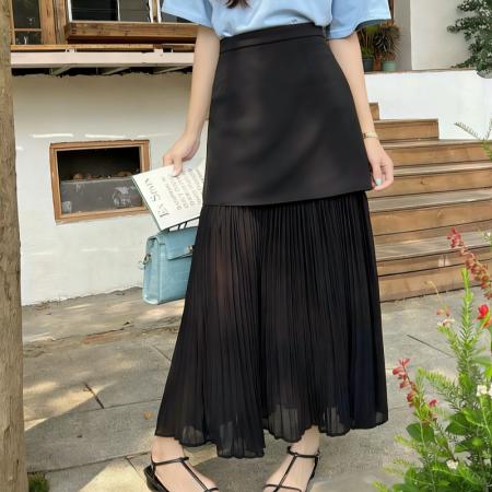 BY13843# 雪纺拼接西装半身裙女春夏高腰显瘦垂感压褶小个子A字长裙  服裝批發女裝批發服飾貨源