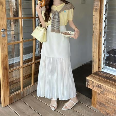 BY13843# 雪纺拼接西装半身裙女春夏高腰显瘦垂感压褶小个子A字长裙  服裝批發女裝批發服飾貨源
