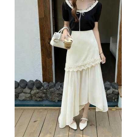 BY13844# 新时尚春夏季飘逸蕾丝拼接不规则半身裙仙气雪纺层次感假两件长裙  服裝批發女裝批發服飾貨源