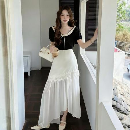 BY13844# 新时尚春夏季飘逸蕾丝拼接不规则半身裙仙气雪纺层次感假两件长裙  服裝批發女裝批發服飾貨源