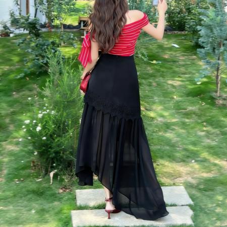 BY13844# 新时尚春夏季飘逸蕾丝拼接不规则半身裙仙气雪纺层次感假两件长裙  服裝批發女裝批發服飾貨源