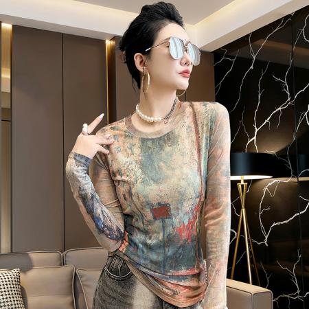 欧洲站春夏时尚圆领百搭气质显瘦简约晕染印花网纱上衣  服裝批發女裝批發服飾貨源