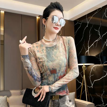 BY13847# 欧洲站春夏时尚圆领百搭气质显瘦简约晕染印花网纱上衣  服裝批發女裝批發服飾貨源