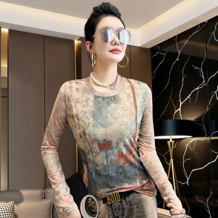 BY13847# 欧洲站春夏时尚圆领百搭气质显瘦简约晕染印花网纱上衣  服裝批發女裝批發服飾貨源