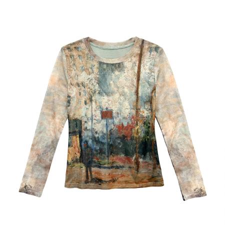 BY13847# 欧洲站春夏时尚圆领百搭气质显瘦简约晕染印花网纱上衣  服裝批發女裝批發服飾貨源