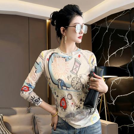 春夏潮流个性网纱印花上衣轻熟圆领修身洋气美式设计感百搭  服裝批發女裝批發服飾貨源