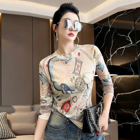 BY13848# 春夏潮流个性网纱印花上衣轻熟圆领修身洋气美式设计感百搭  服裝批發女裝批發服飾貨源